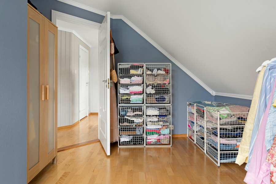 Cluttered storage under a sloping attic ceiling